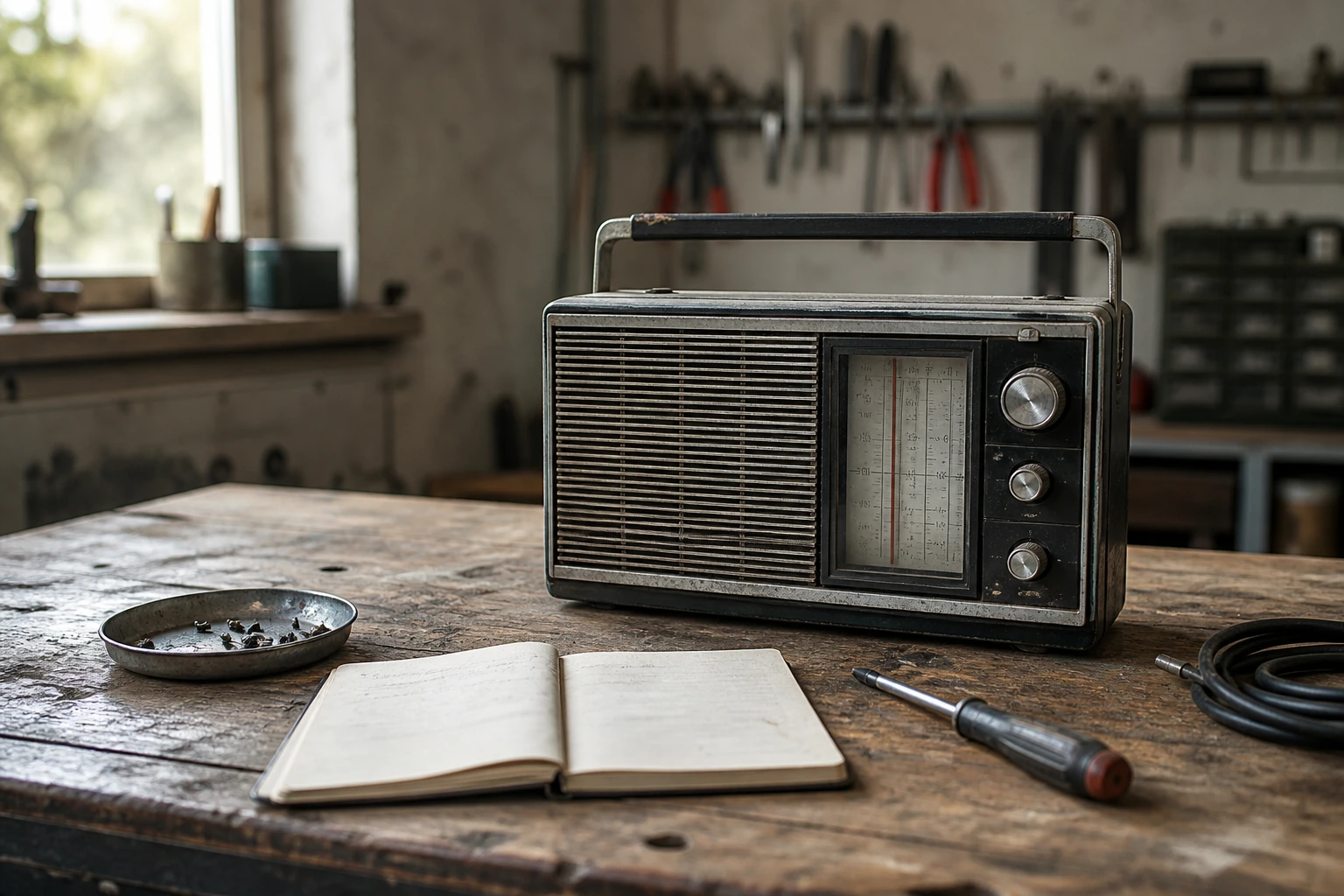 A repaired portable radio, notebook, and hand tools on a worn repair-shop workbench